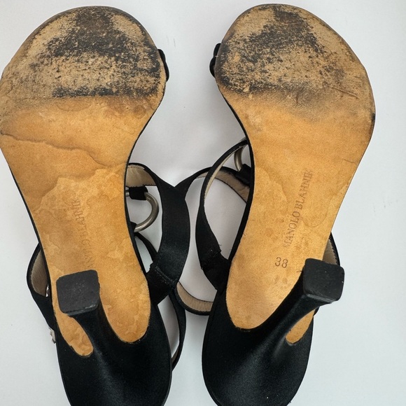 Manolo Blahnik Crystal Buckle & Ring Black Suede Open Toe Sandal Heel - Size 38 - Picture 11 of 12